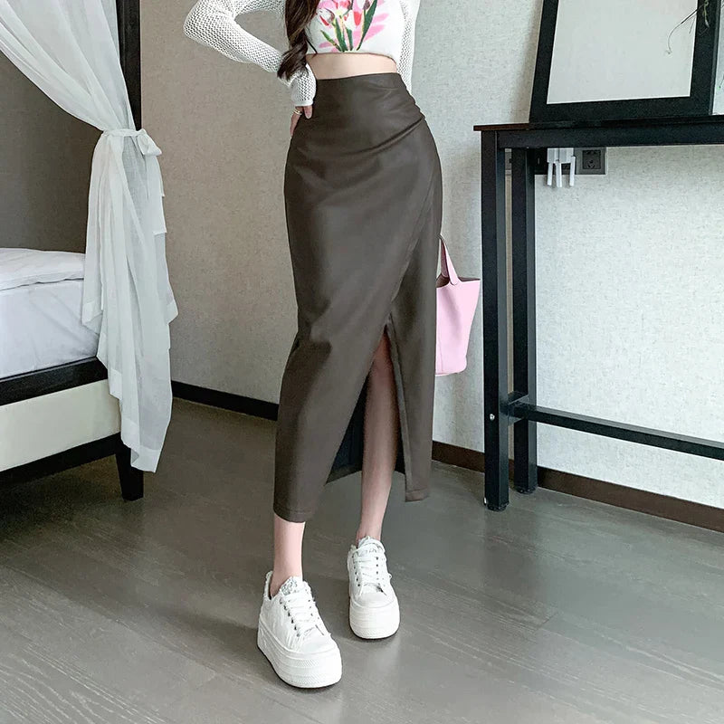Autumn Front Split Long New High Waist Classic Office Pleated A-Line Skirt