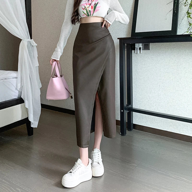 Autumn Front Split Long New High Waist Classic Office Pleated A-Line Skirt