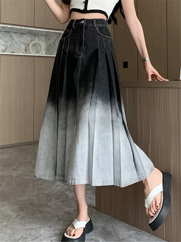 Waist Gradient Pleated WomenDenim Long For Spring Summer Casual Blue Jeans Pockets New Skirt