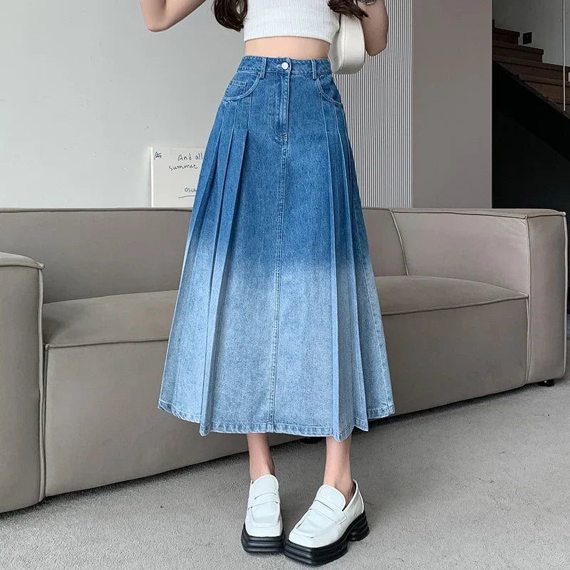 Waist Gradient Pleated WomenDenim Long For Spring Summer Casual Blue Jeans Pockets New Skirt
