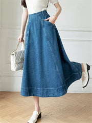 Waist WomenDenim Long A-Line Spring Summer Vintage Cowboy Jeans Umbrella Pockets New Skirt