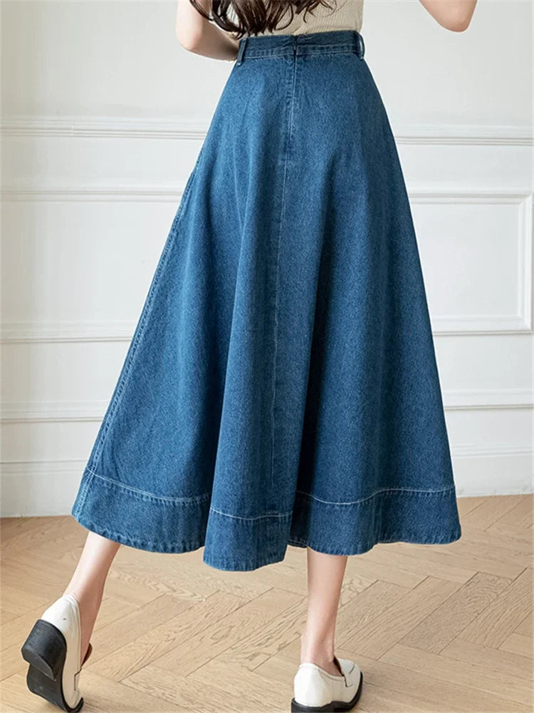 Waist WomenDenim Long A-Line Spring Summer Vintage Cowboy Jeans Umbrella Pockets New Skirt