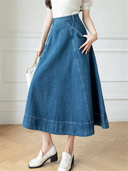 Waist WomenDenim Long A-Line Spring Summer Vintage Cowboy Jeans Umbrella Pockets New Skirt
