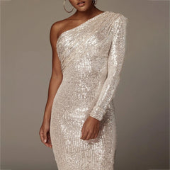 Shiny Short Long Sleeve Loose Club Party Elegant One Shoulder Wrap Chest Evening For Dress