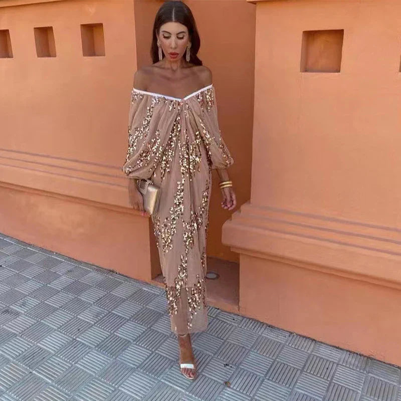 Sequins Strapless Pleated Slash Neck Lantern Sleeve Spring Ladies New Evening Party Vestido Midi Dress