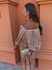 Sequins Strapless Pleated Slash Neck Lantern Sleeve Spring Ladies New Evening Party Vestido Midi Dress