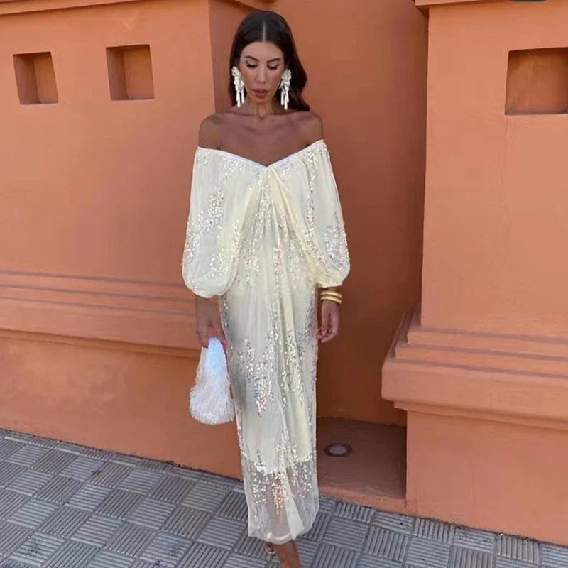 Sequins Strapless Pleated Slash Neck Lantern Sleeve Spring Ladies New Evening Party Vestido Midi Dress