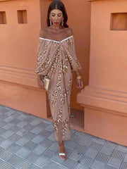 Sequins Strapless Pleated Slash Neck Lantern Sleeve Spring Ladies New Evening Party Vestido Midi Dress