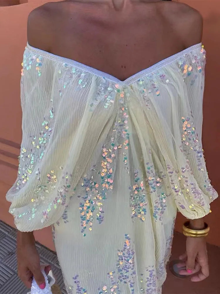 Sequins Strapless Pleated Slash Neck Lantern Sleeve Spring Ladies New Evening Party Vestido Midi Dress