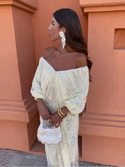 Sequins Strapless Pleated Slash Neck Lantern Sleeve Spring Ladies New Evening Party Vestido Midi Dress