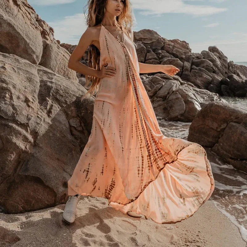 Sexy Backless Halter Necktie Printed Boho Dress
