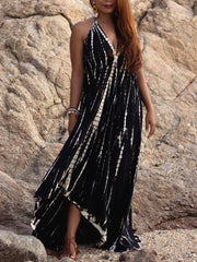 Sexy Backless Halter Necktie Printed Boho Dress