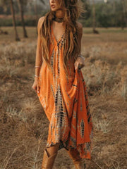 Sexy Backless Halter Necktie Printed Boho Dress