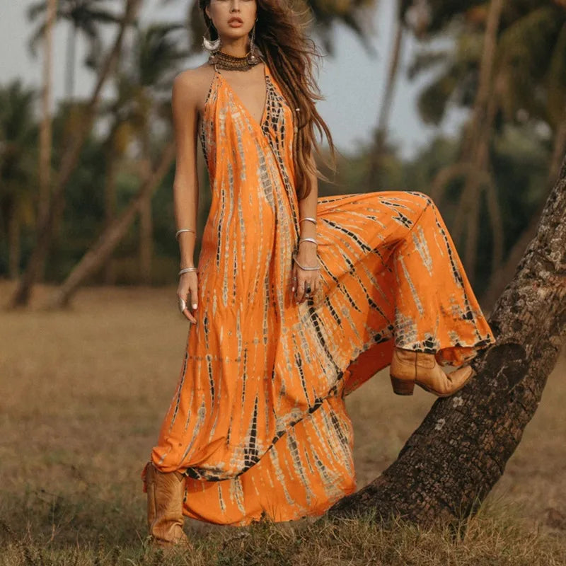 Sexy Backless Halter Necktie Printed Boho Dress