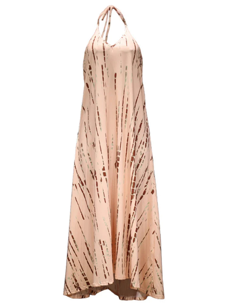 Sexy Backless Halter Necktie Printed Boho Dress
