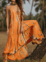 Sexy Backless Halter Necktie Printed Boho Dress