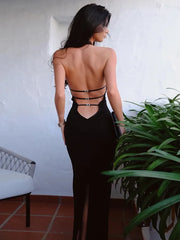 Backless Halter Elegant Bandage Outfits For Summer Club Black Gown Dresses Midi Dress