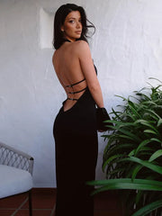 Backless Halter Elegant Bandage Outfits For Summer Club Black Gown Dresses Midi Dress
