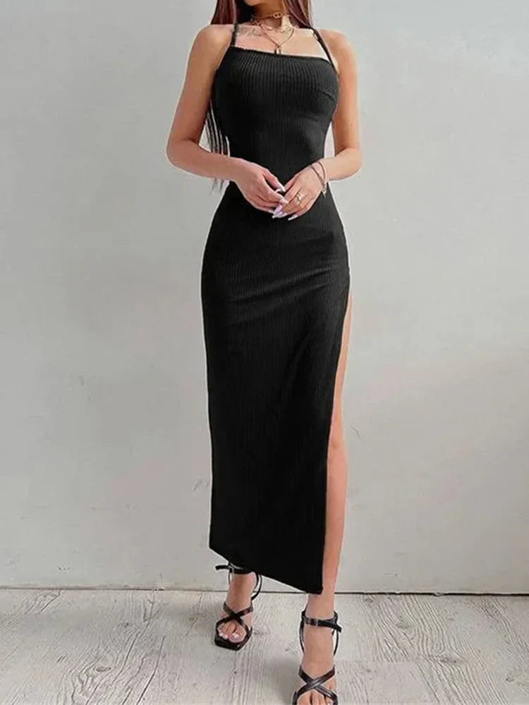 Black Long Bodycon Summer Sleeveless Blackless Halter Neck High Split Vestidos Midi Dress