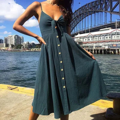 Bow Polka Dots Print Beach Summer Cotton Deep V Neck Buttons Red White Off Shoulder Midi Dress