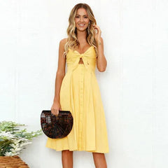 Bow Polka Dots Print Beach Summer Cotton Deep V Neck Buttons Red White Off Shoulder Midi Dress