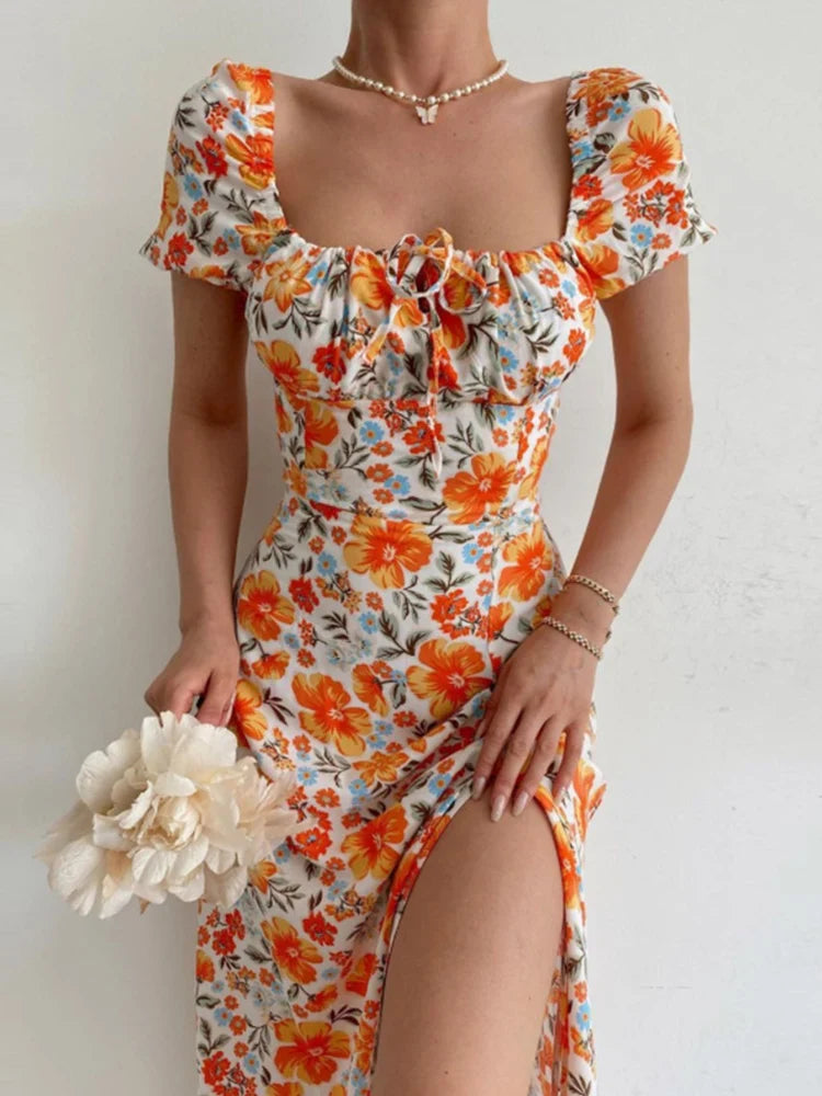 Sexy Floral Short Sleeve Backless Boho Dress