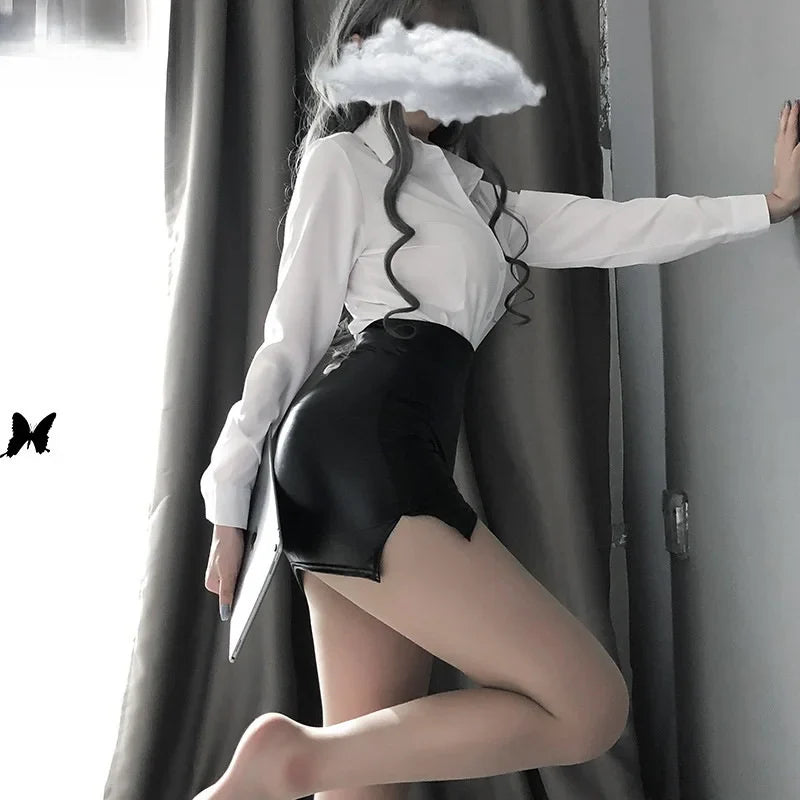 High-Waist Leather Split Wrap Mini Skirt Bottom