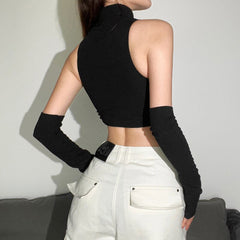 Solid Color High Neck Sleeveless Crop Stitching Short Slim-fit Casual Vest