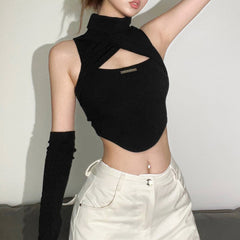Solid Color High Neck Sleeveless Crop Stitching Short Slim-fit Casual Vest