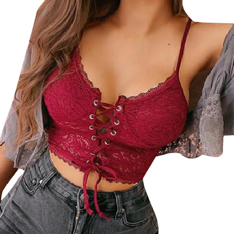 Lace Up Hollow Out Spaghetti Strap Slim Push Up French Elegant Crop Tops