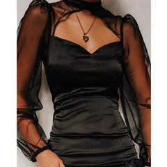Mesh Bodycon Mini Dress WomenBlack Hollow Out Long Sleeve Bodycon Mini Dress High Waist Sheath Vestidos