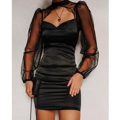 Mesh Bodycon Mini Dress WomenBlack Hollow Out Long Sleeve Bodycon Mini Dress High Waist Sheath Vestidos