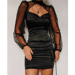 Mesh Bodycon Mini Dress WomenBlack Hollow Out Long Sleeve Bodycon Mini Dress High Waist Sheath Vestidos