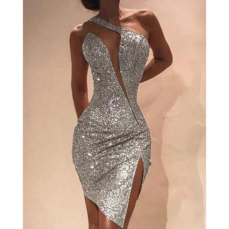 One Shoulder Cut Out Slit Bodycon Sequin Dress