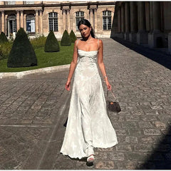 Print Wrap Waist Sling Slash Neck Slim Sleeveless Backless Fashion Party Dresses Maxi Dress