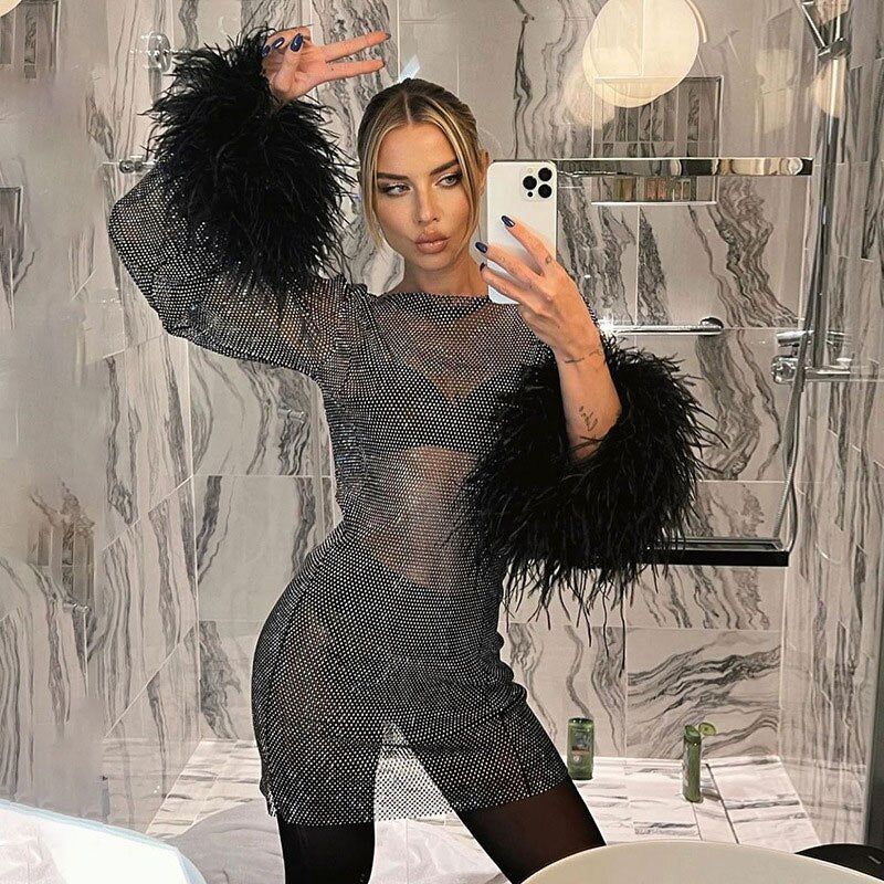 See Through Long Sleeve Shinny Sequins Club Party Outfit