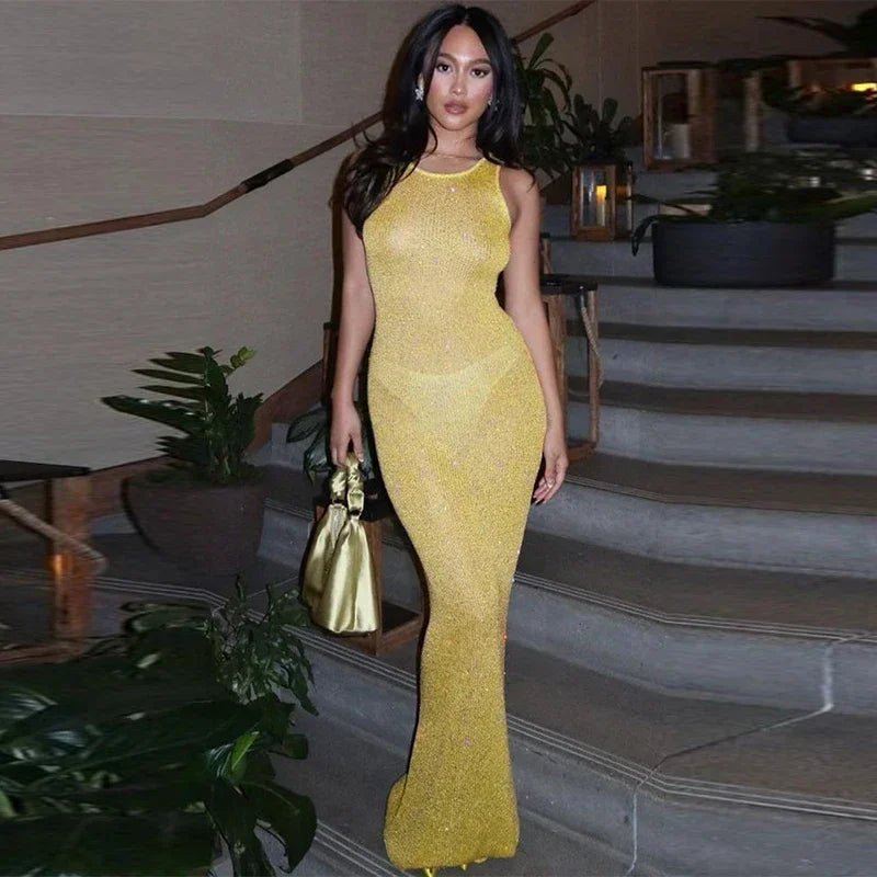 See Through Solid Sequin U-neck Sleeveless Maxi Dresses Spring Summer Ladies Slim Maxi Dress