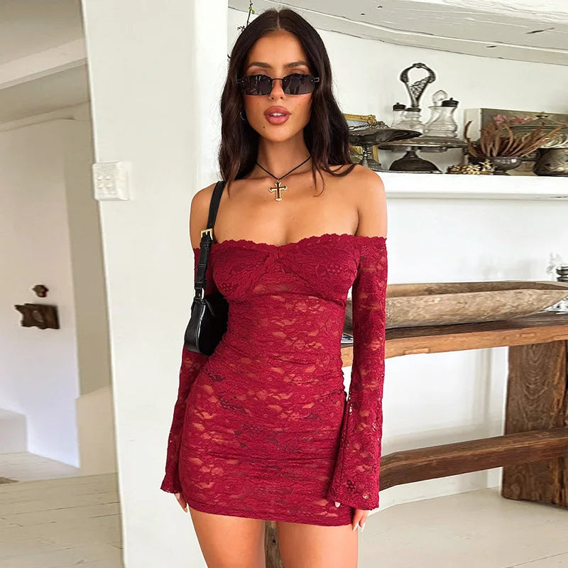 Sheer Lace Elegant Fashion Off Shoulder Long Sleeve Slim Party Mini Dress