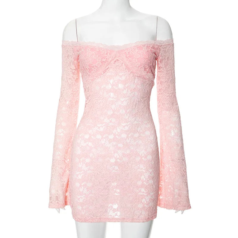 Sheer Lace Elegant Fashion Off Shoulder Long Sleeve Slim Party Mini Dress