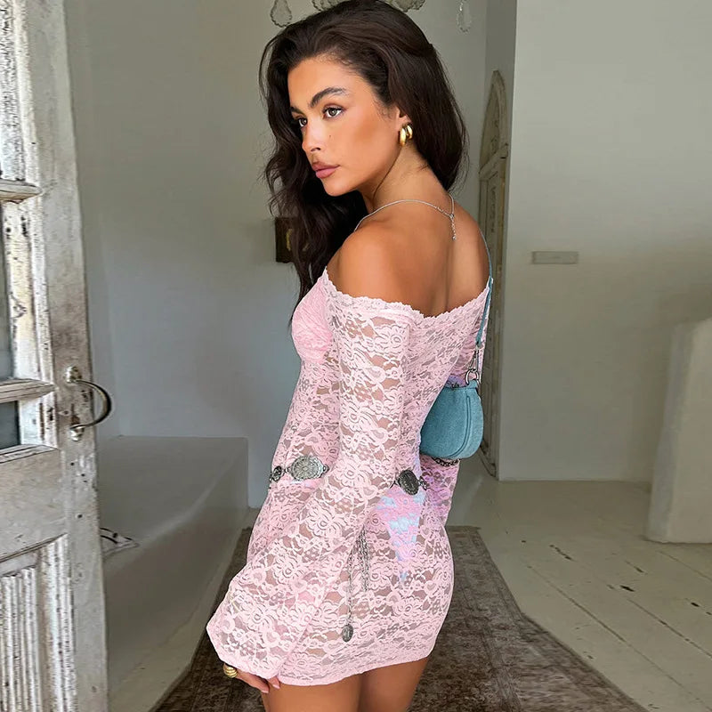 Sheer Lace Elegant Fashion Off Shoulder Long Sleeve Slim Party Mini Dress