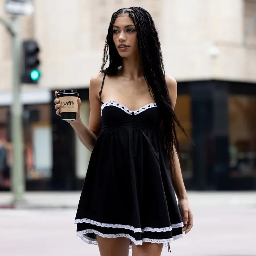 FashionSierra- Sleeveless  Deep V Neck  Strap  Mini   Cotton  White Lace  Short  Summer  Party  Lace Up  Back  Beach Robe Boho Dress