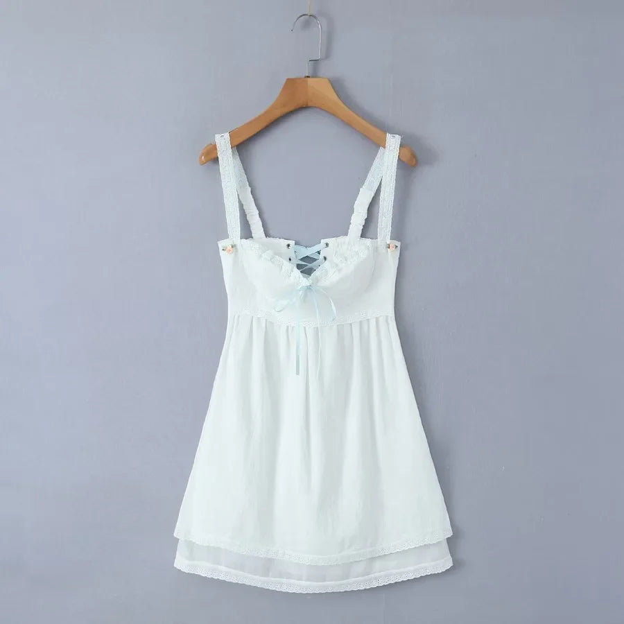 FashionSierra- Sleeveless  Deep V Neck  Strap  Mini   Cotton  White Lace  Short  Summer  Party  Lace Up  Back  Beach Robe Boho Dress
