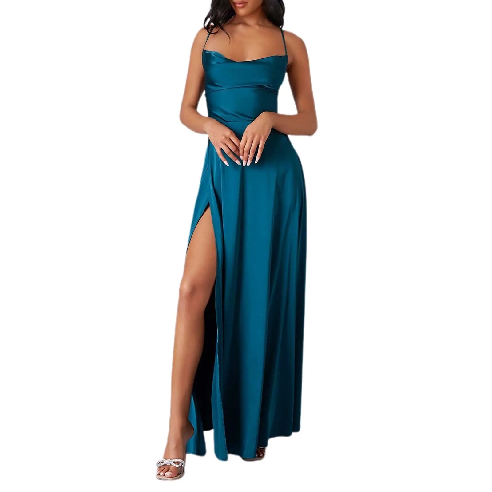 Spaghetti Straps Satin Maxi High Side Slit Backless Prom Dress