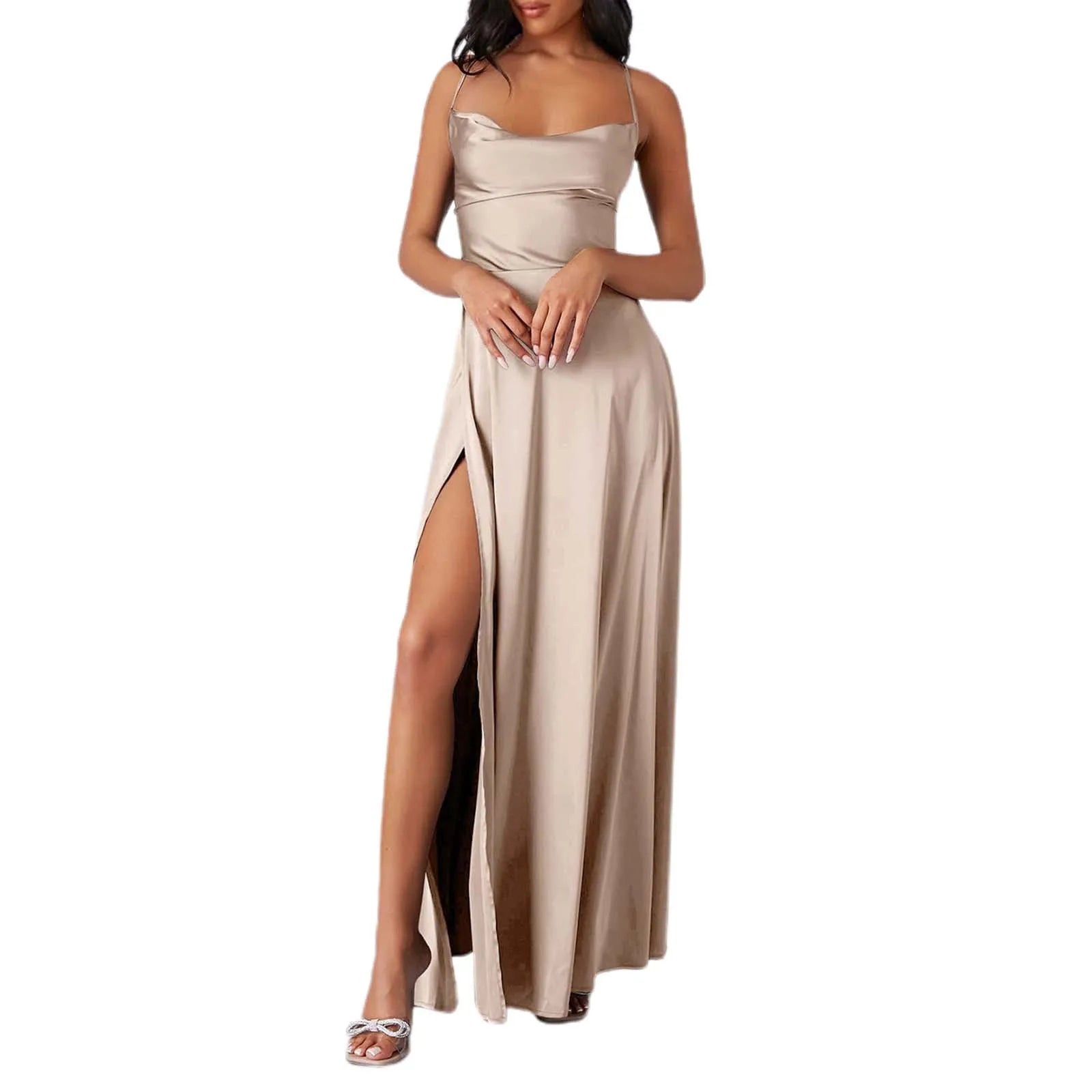 Spaghetti Straps Satin Maxi High Side Slit Backless Prom Dress