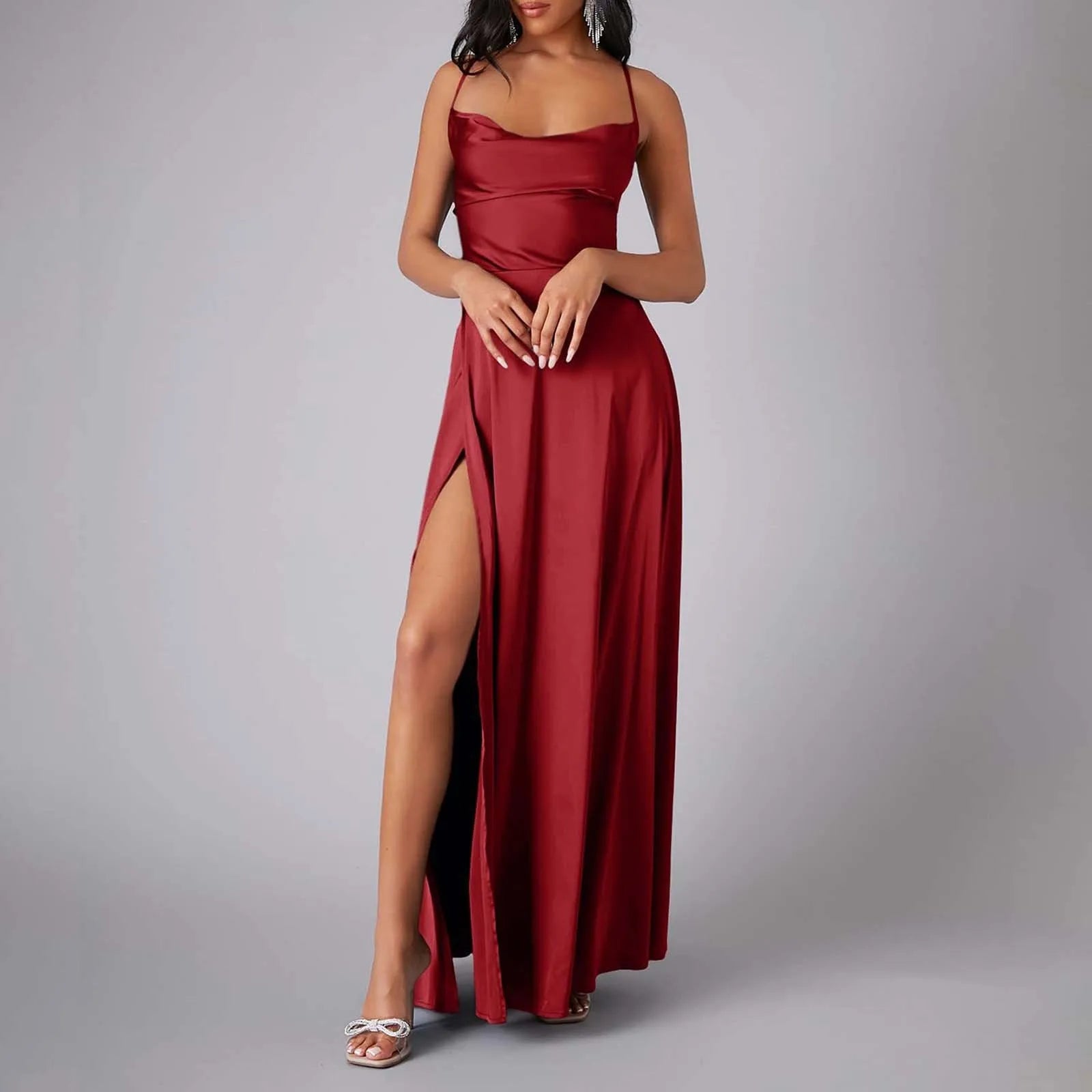 Spaghetti Straps Satin Maxi High Side Slit Backless Prom Dress