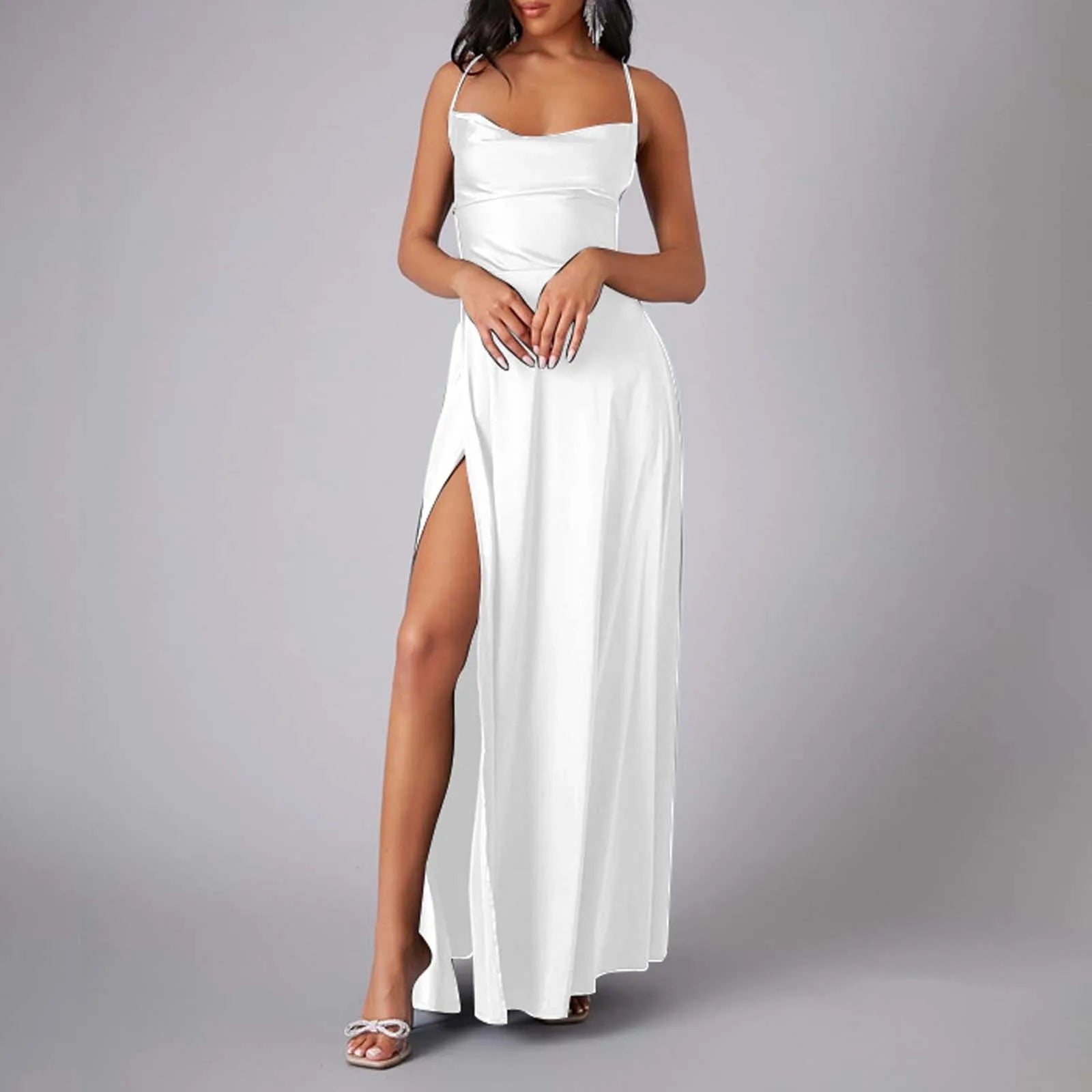 Spaghetti Straps Satin Maxi High Side Slit Backless Prom Dress
