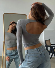 Gray Spring Fashion Hollow Out Backless Long Sleeve Round Neck T-shirt