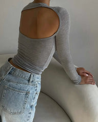 Gray Spring Fashion Hollow Out Backless Long Sleeve Round Neck T-shirt