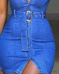 Turn Down Collar Bodycon Denim Dress