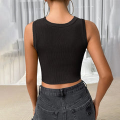 Skinny Streetwear Knitted Crop Fashion Solid Sleeveless Hollow Out Ladies Club Cami Top